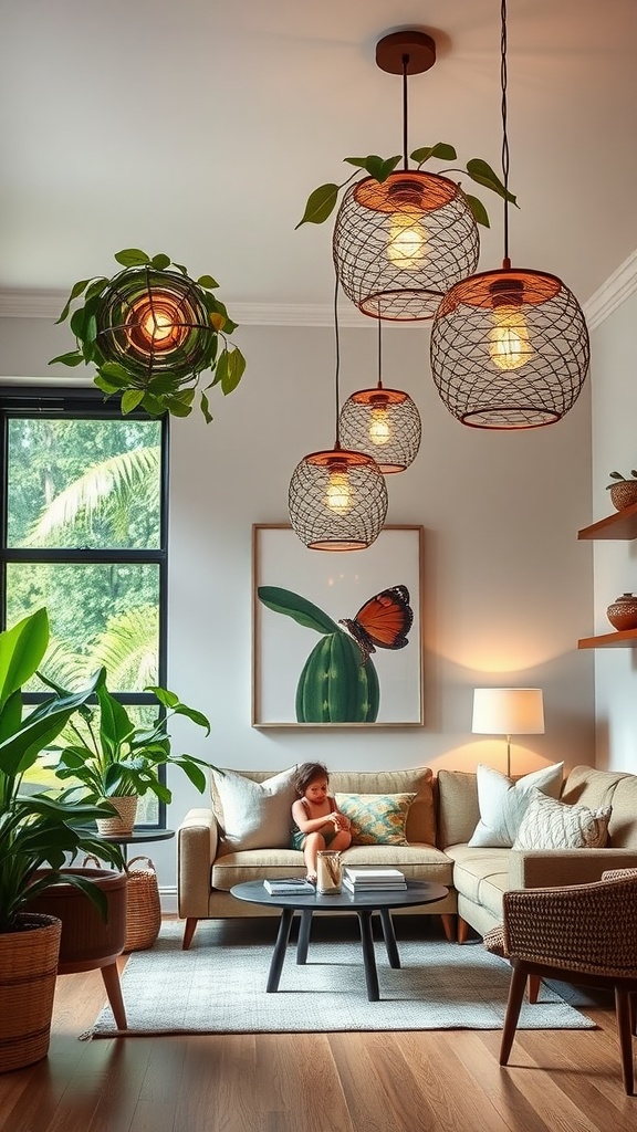 Cozy living room with botanical light fixtures and greenery