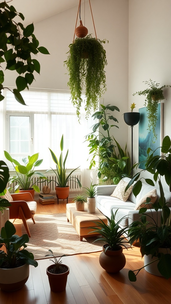 A midcentury modern living room filled with various indoor plants, showcasing a cozy and inviting atmosphere.