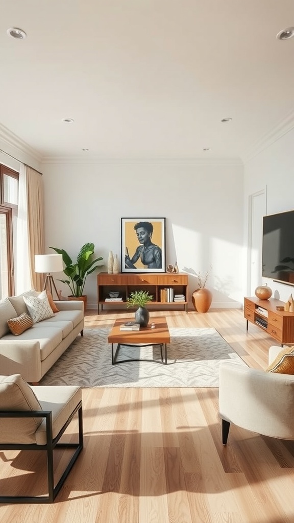 A bright and airy living room featuring modern furniture, artwork, and plants.