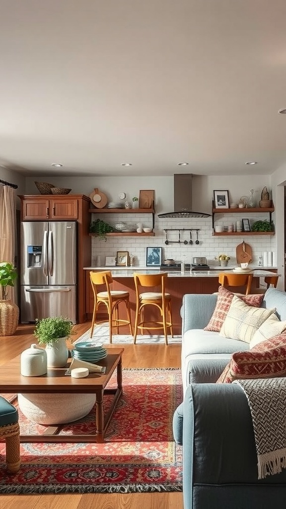 Open kitchen living room with a cozy couch, wooden shelves, and decorative items.