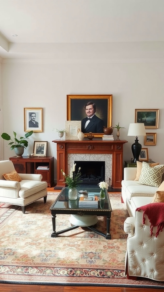 A formal living room featuring a fireplace, family photos, a large portrait, and elegant furniture.