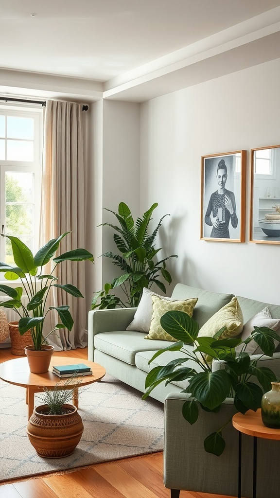 A cozy sage green living room with various plants, a soft sofa, and a wooden coffee table.