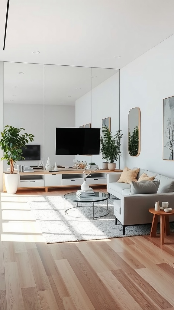 A minimalist living room featuring reflective surfaces, large mirrors, and modern decor.