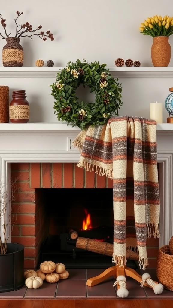 A cozy fireplace with a seasonal throw blanket, decorative items, and a warm glow.