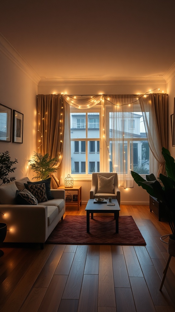 A cozy small living room with soft lighting created by string lights draped over the window, a comfortable sofa, and a wooden floor.