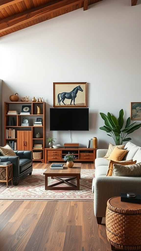 Modern western living room featuring dark leather chairs, a light sofa, and wooden furniture.