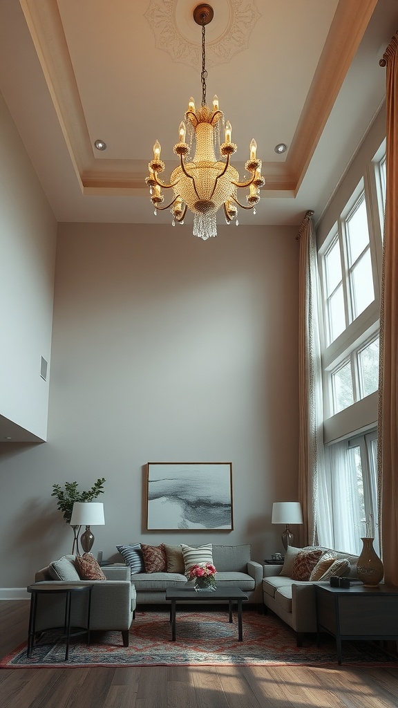 A high ceiling living room featuring a beautiful chandelier and stylish furniture