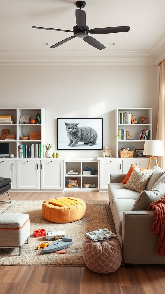 A cozy living room featuring smart storage solutions with decorative elements.