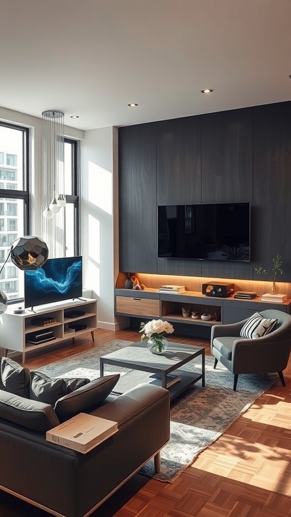 A modern western living room with a sleek design, featuring a wall-mounted TV, minimalist furniture, and smart lighting.