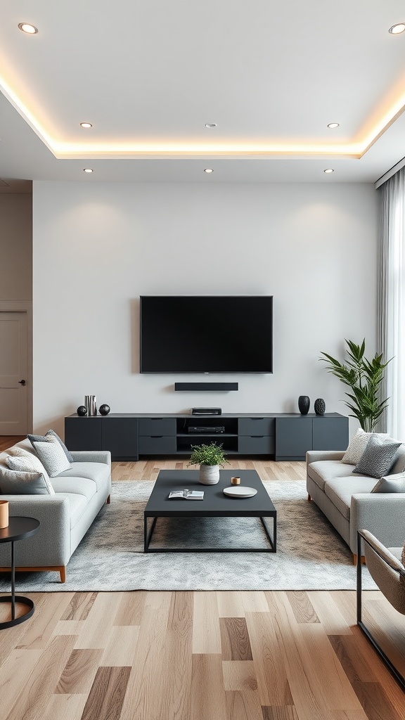 Modern living room with integrated technology, featuring a flat-screen TV, ambient lighting, and stylish furniture.