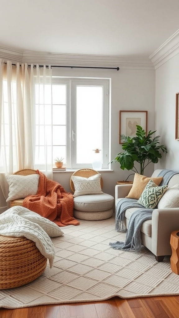 A cozy living room with soft textiles, including blankets, pillows, and a large rug, creating a warm and inviting space.