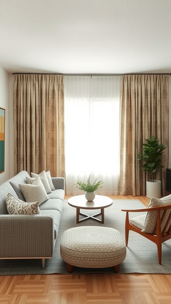 A cozy midcentury modern living room featuring a gray sofa, patterned pillows, and a round coffee table.