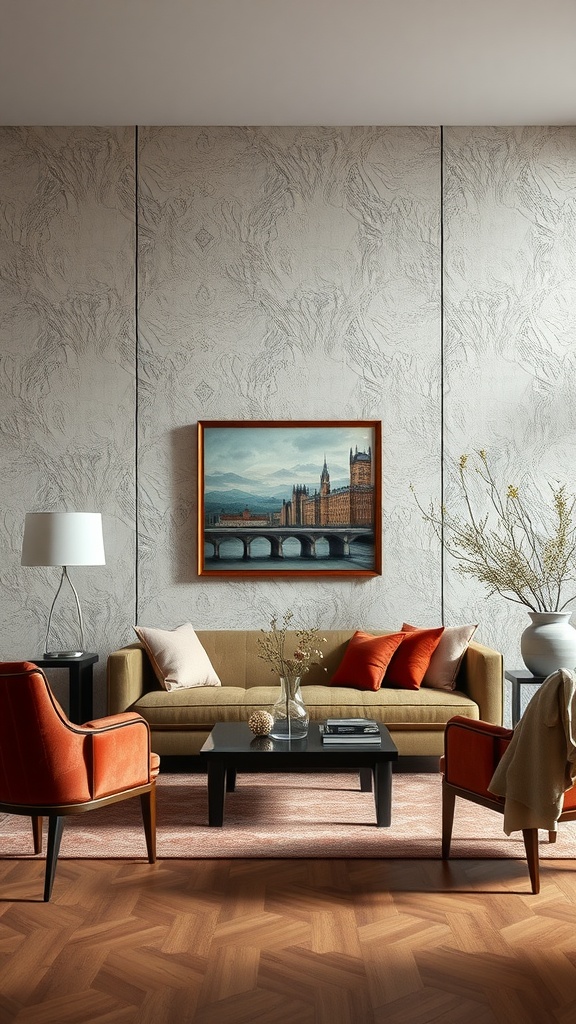 A formal living room with textured walls, featuring a green sofa, orange accent chairs, a black coffee table, and a framed artwork.