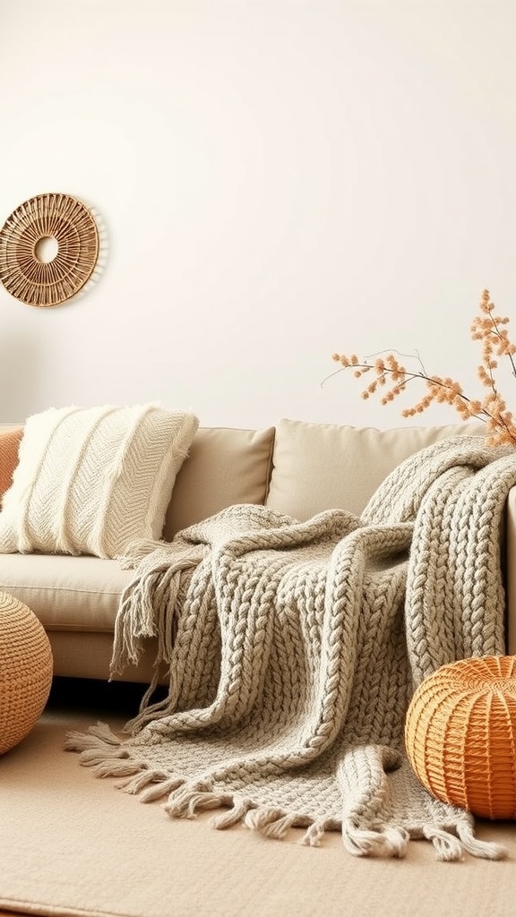 A cozy beige living room featuring a knitted throw on a sofa, decorative pillows, woven baskets, and dried flowers.