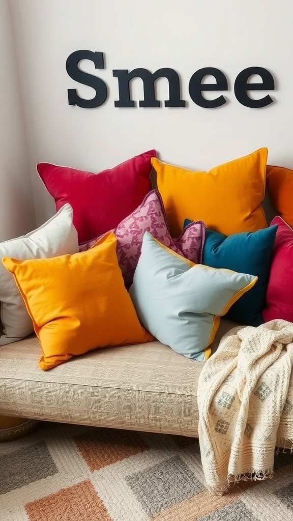 A cozy couch with colorful throw pillows in various sizes and a throw blanket, creating an inviting living room atmosphere.