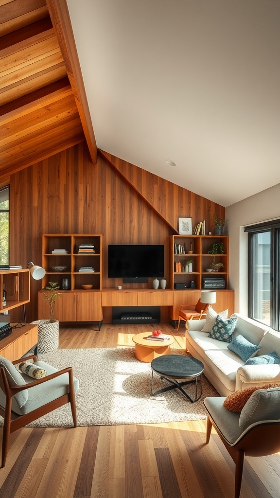 A midcentury modern living room with wooden walls and ceiling, showcasing a cozy atmosphere and stylish furniture.