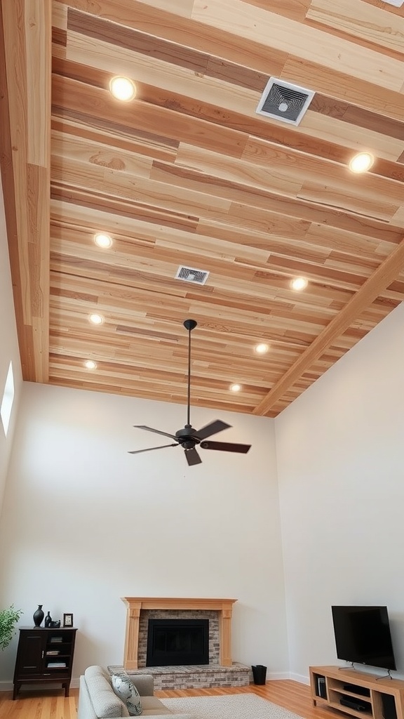 A high ceiling living room with a wooden ceiling design, recessed lights, and a ceiling fan.