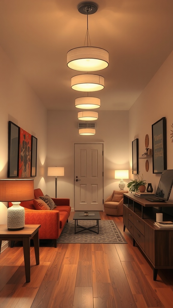 A long narrow living room featuring stylish hanging light fixtures and cozy furniture.