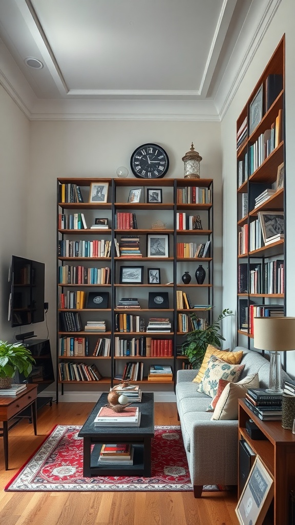 A long narrow living room featuring tall bookshelves filled with books, a cozy sofa, and decorative items.