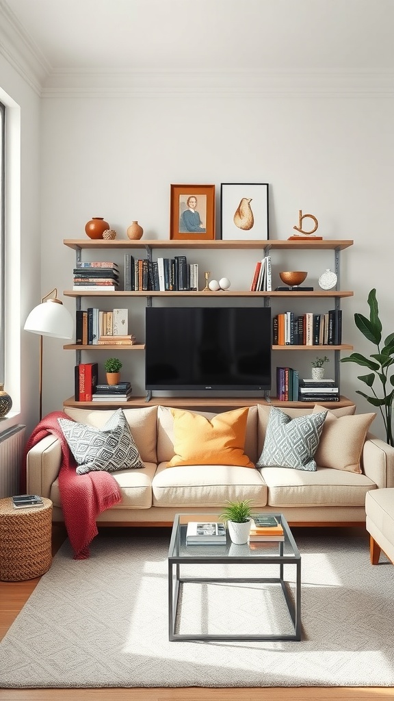 A cozy living room featuring a comfortable sofa, vertical shelves above a TV, and decorative accents.