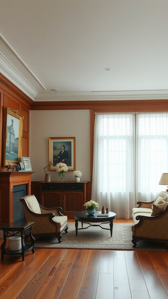 A formal living room featuring warm wood tones, elegant furniture, and soft lighting.