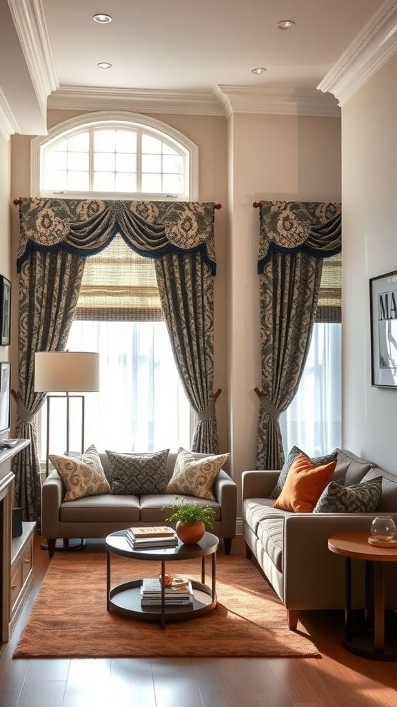 A long narrow living room featuring elegant window treatments with patterned drapes, stylish sofas, and a cozy layout.