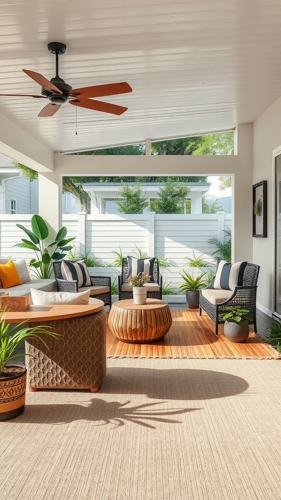 A cozy indoor-outdoor seating area featuring a neutral carpet, potted plants, and stylish furniture.