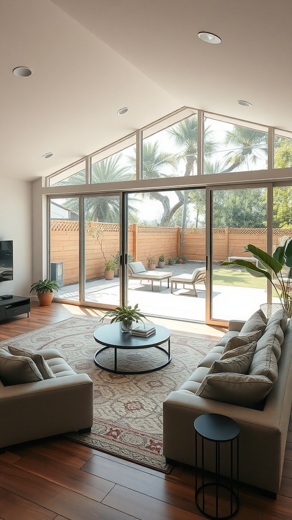 A sunken living room with large windows connecting to an outdoor space with a garden.