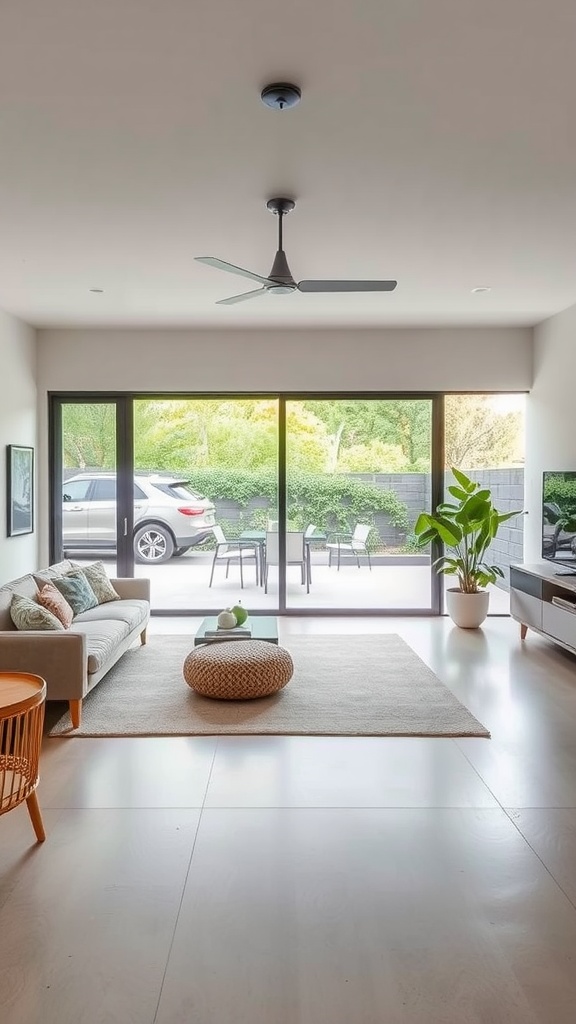 A modern living room with large glass doors leading to an outdoor patio, featuring a sofa, a coffee table, and a potted plant.