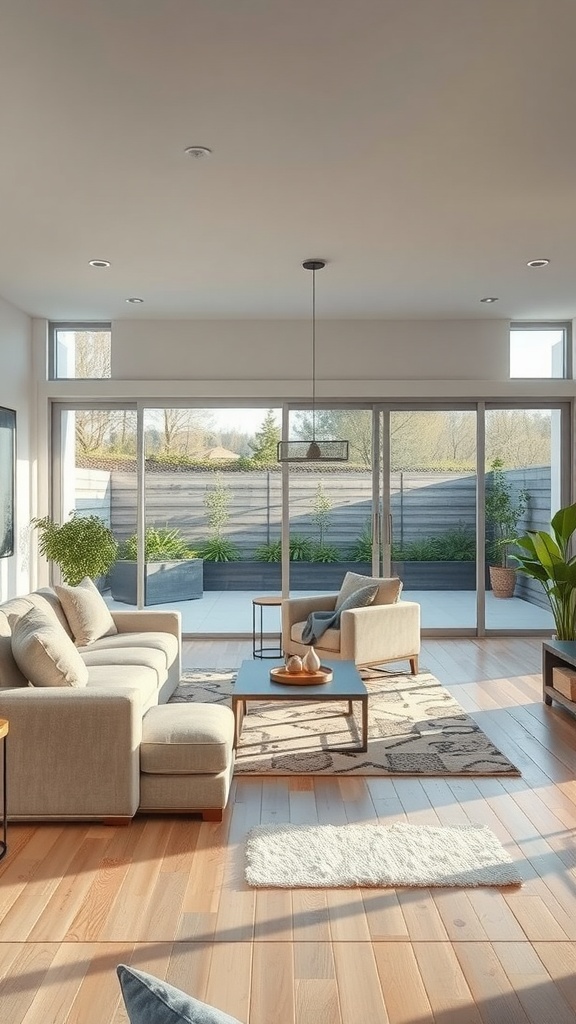 Bright living room with large glass doors leading to outdoor space, featuring soft furniture and plants.