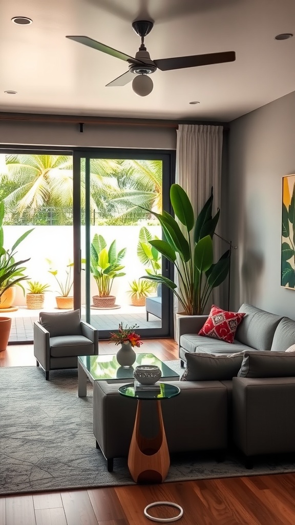 A stylish living room with large glass doors leading to a garden, featuring plants, modern furniture, and a cozy atmosphere.