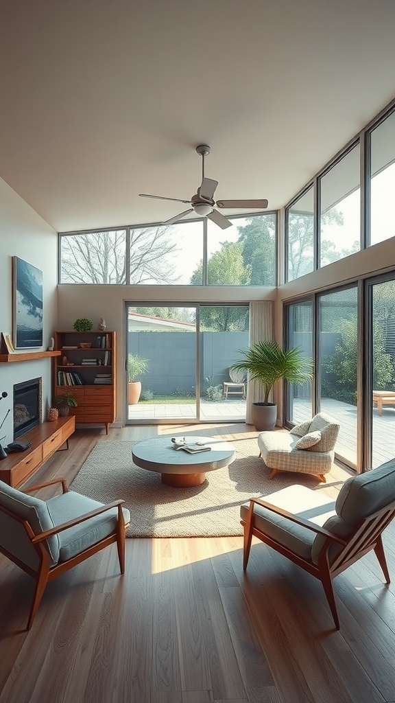 A sunken living room with large windows connecting indoor and outdoor spaces.