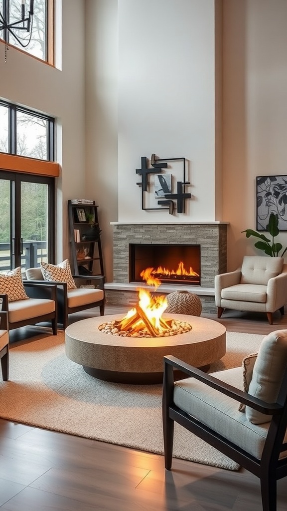 Cozy living room featuring a circular indoor fire pit surrounded by comfortable chairs