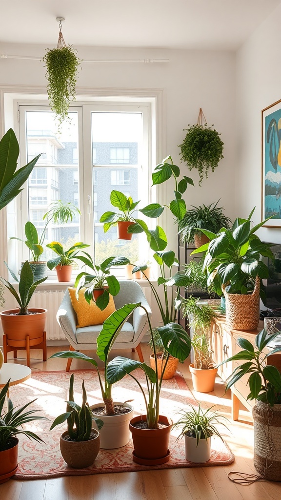 A modern boho living room with various indoor plants arranged around a cozy seating area, featuring different pot styles and abundant natural light.