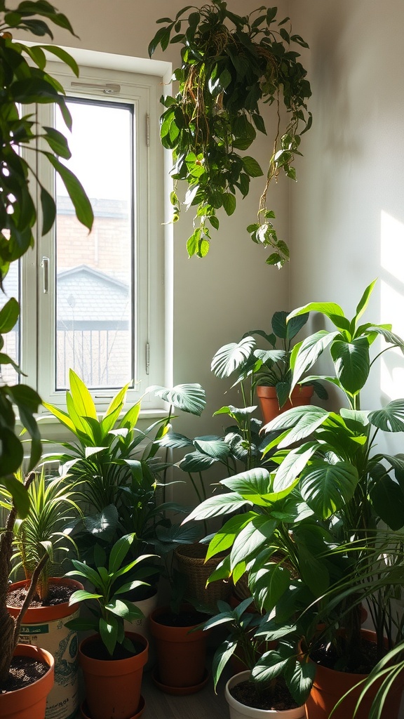 A bright corner filled with various indoor plants, sunlight streaming through the window.