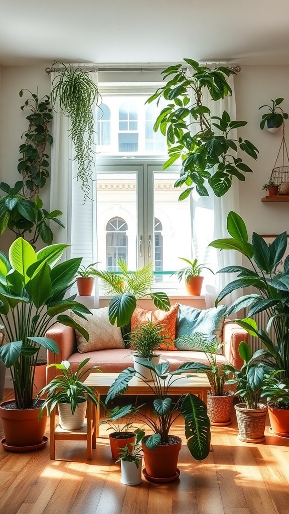 Indoor plant oasis with a coral sofa surrounded by various houseplants