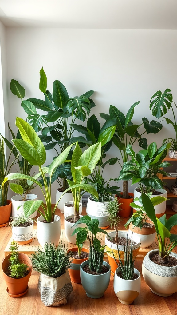 A vibrant indoor plant sanctuary featuring various types of plants in different pots.