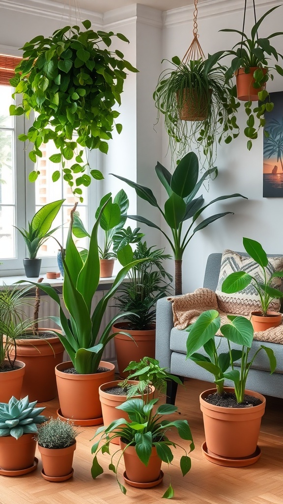 Cozy living room with various indoor plants in terracotta pots and a grey couch