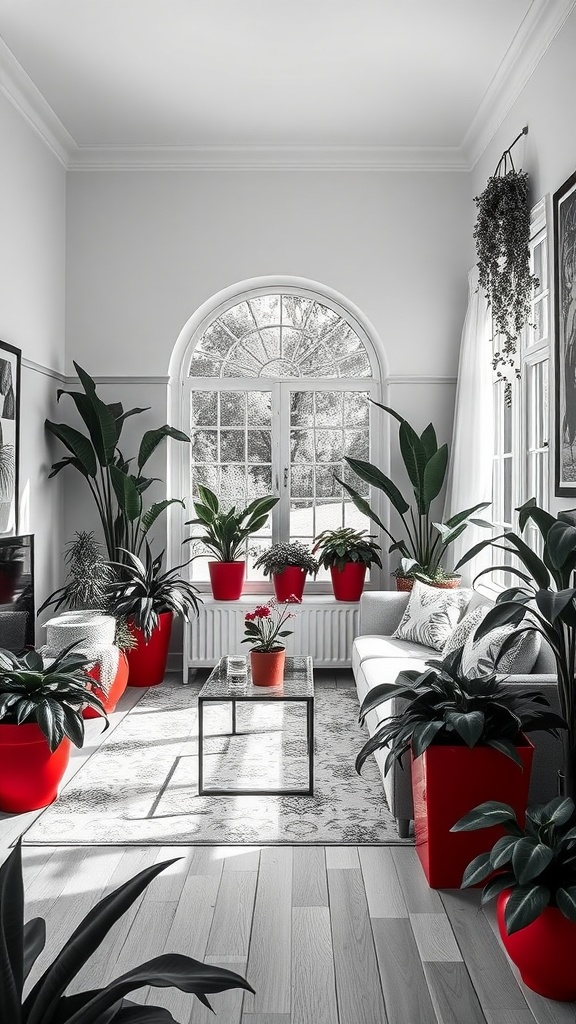 A stylish living room featuring indoor plants in vibrant red pots, emphasizing a black, red, and white color scheme.