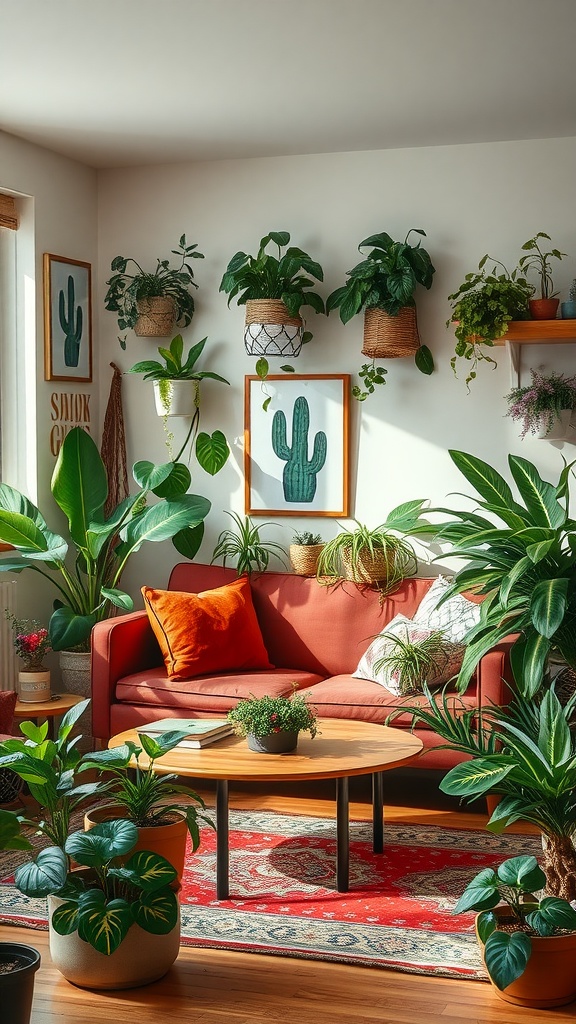 A mid-century boho living room filled with various indoor plants, featuring a red couch and a colorful rug.