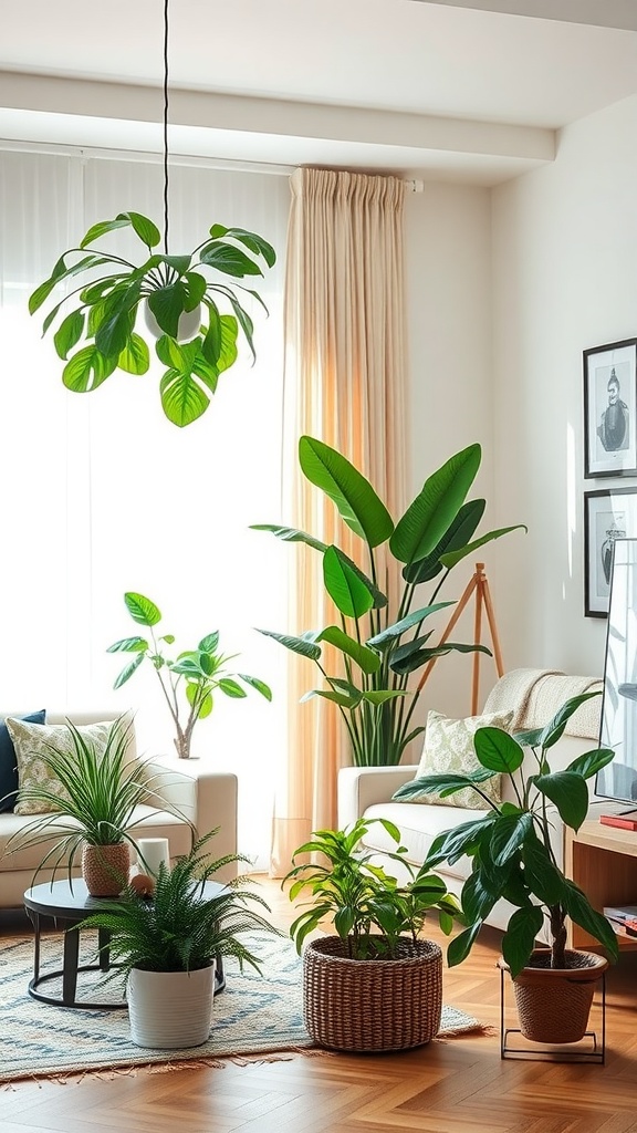 A minimalist bohemian living room filled with various indoor plants, creating a vibrant and cozy atmosphere.