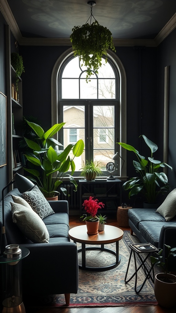 A cozy black boho living room filled with indoor plants, featuring a hanging plant, tall leafy greens, and a blooming plant on the coffee table.