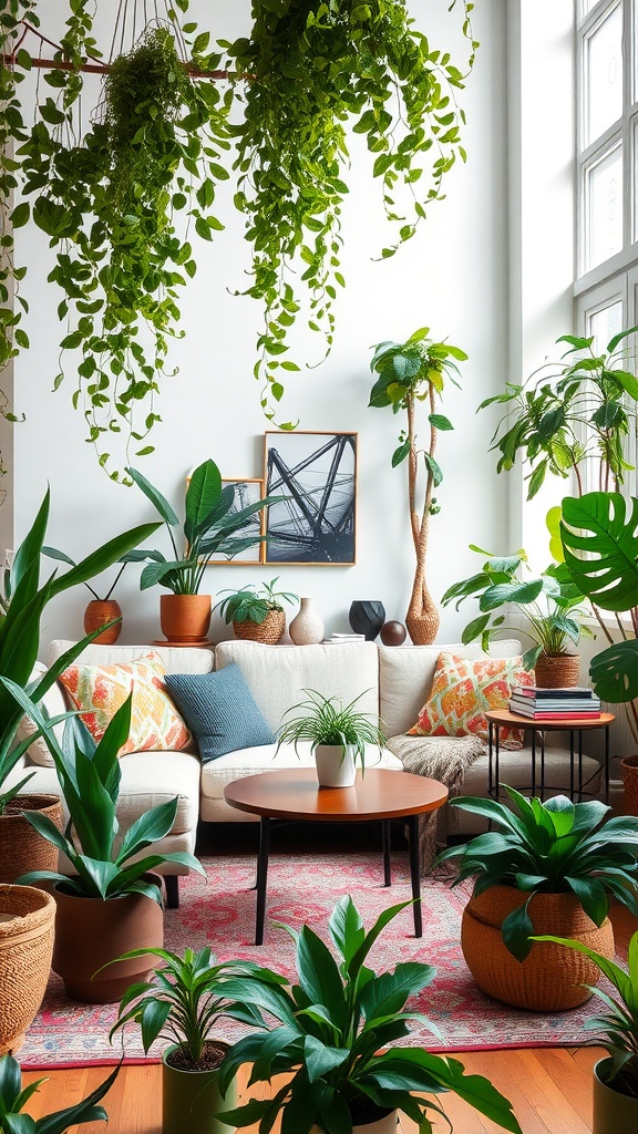 A boho-style living room filled with various indoor plants, showcasing a cozy seating area with a coffee table and vibrant decor.