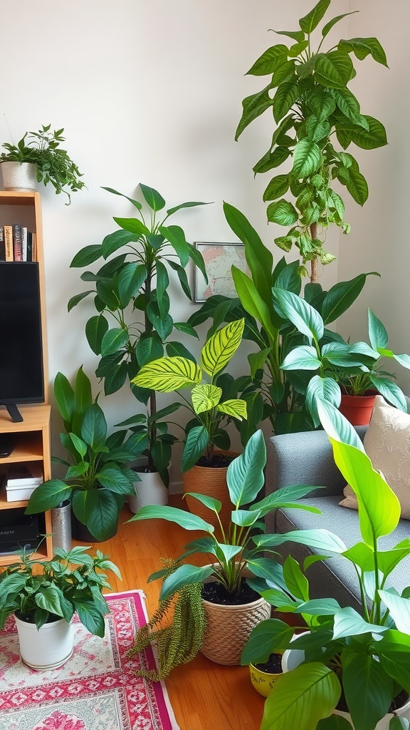 A dorm living room filled with various indoor plants creating a fresh and vibrant atmosphere.