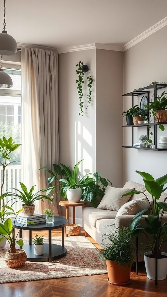 Cozy living room with various indoor plants, natural light, and a comfortable sofa.