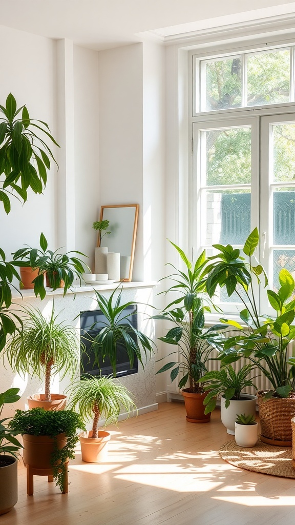 A sunlit living room filled with various indoor plants in stylish pots, creating a fresh and inviting atmosphere.