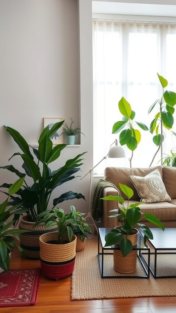 A cozy living room featuring various indoor plants in woven baskets, a comfortable couch, and natural light streaming through the windows.