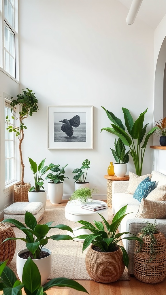 Coastal living room with various indoor plants, including leafy greens in stylish pots, enhancing the freshness of the space.