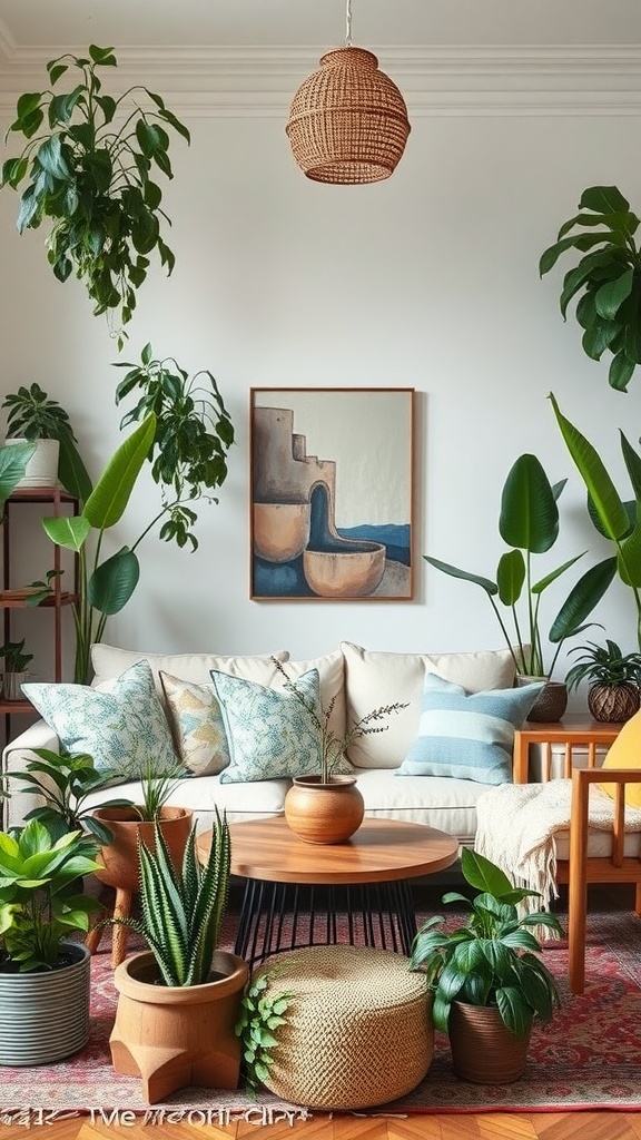 A stylish living room with various indoor plants, a wooden coffee table, and boho decor elements.