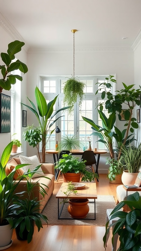 A bright living room with various indoor plants, a wooden coffee table, and a cozy sofa